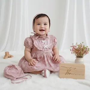 Dress Bayi 0-12 Bulan Set Lengkap dengan Bonnet & Sepatu Kain Bahan Katun Lembut untuk Bayi Perempuan