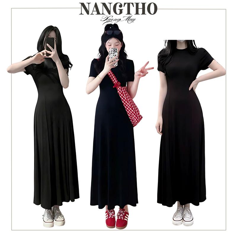 T222 Đầm Chiết Eo Nữ Tay Ngắn Dáng Dài 6 Tà Đắp Chất Thun Gân Co Giãn