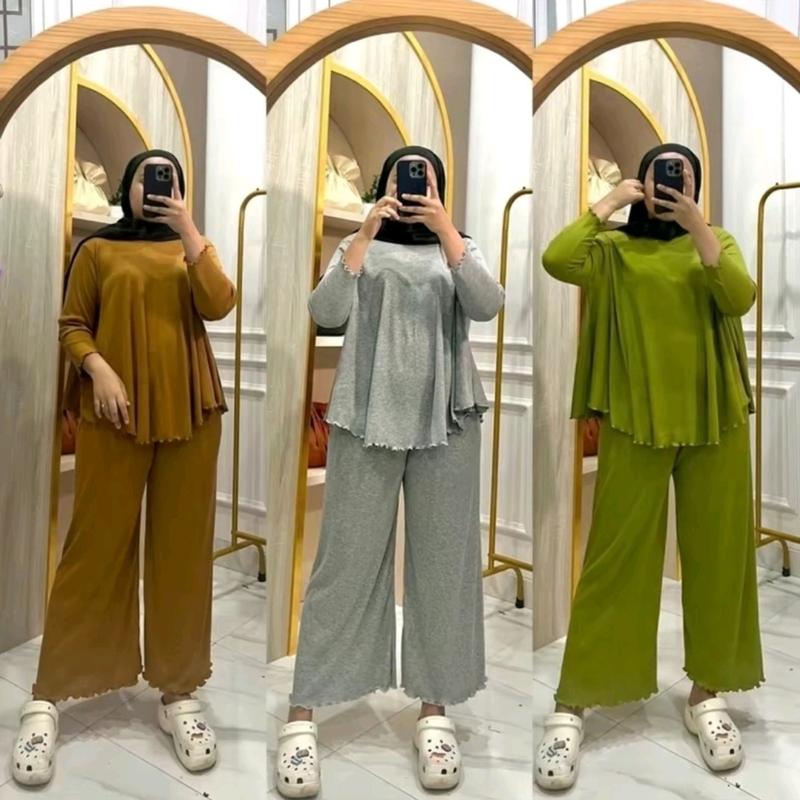 Setelan Rib Knit Wanita Lengan 7/8 Celana Panjang Baju Atasan Polos Formal Dewasa Nyaman 1