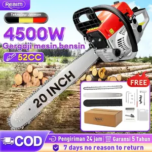REAIM Mesin Potong Kayu 52CC 20inch Chainsaw 2Tak Untuk Gergaji Mesin Alat Outdoor Mesin Gergaji Kayu Gergaji Potong Pohon Kayu Pemotong Kayu Cepat & Irit Bahan Bakar Gergaji Mesin Portable Anti Macet - Untuk Kayu, Bambu & KebunMata Pisau Kuat Tahan Lama