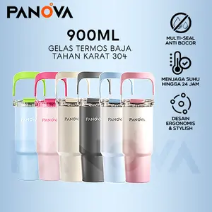 【New Product】BONBOX x PANOVA Tumbler Botol Minum 3 IN 1 Tahan 12 Jam 316 Stainless Steel Phone Stand Handle Botol Minum Anti Tumpah 900ml Cream White Bottles Water Kitchenware BTE41206