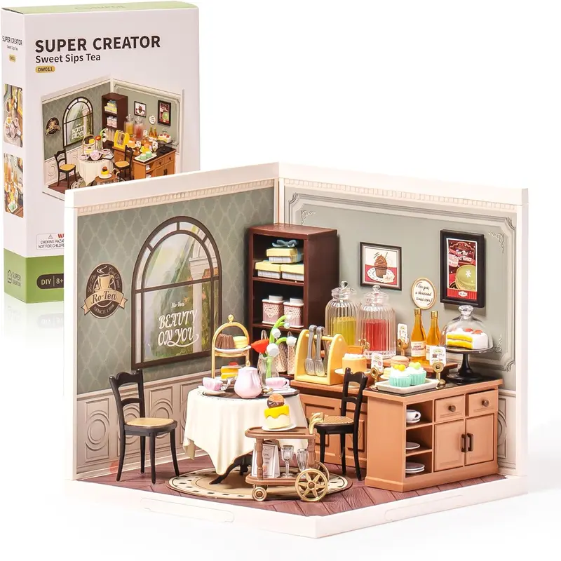 ROBOTIME Miniature House Kit DIY Plastic House Building Toy Set with LED Tiny Store Making Kit Model Craft Hobby Unique Gift DW011 Sweet Sips Tea 7