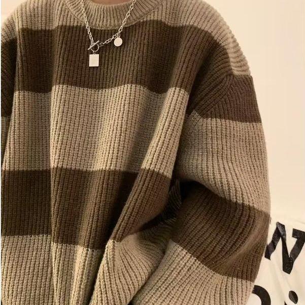 Menswear ,Áo Len Cổ Tròn Kẻ Sọc Cho Nam, Shirt , Áo Len Dệt Kim, Áo Len Có Lớp Lót,Thời Trang Dạo Phố Phong Cách Hàn Quốc, Ngầu, Đẹp Trai,  Áo Thun Dài Tay Cá Tính，Thu Đông Màu Đen 5
