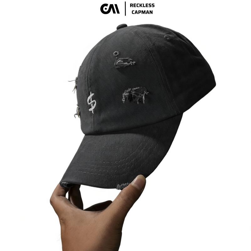 RecklessCapman Mũ Lưỡi Trai Jean Wash Rách Màu Đen Unisex Size Freesize Thêu Logo Dollar Không Kích Ứng Bảo Hành 2 Năm