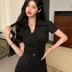 เสื้อยืด ผ้าแจ็คการ์ด โบว์ธรรมดาน่ารักสําหรับผู้หญิง