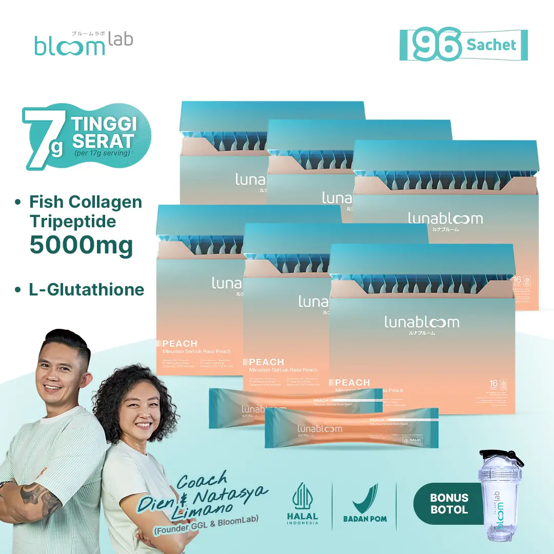 BloomLab Kolagen Tripeptida Ikan & Glutathione Jepang - LunaBloom / 96 Sachet / Glowing / Melancarkan Pencernaan