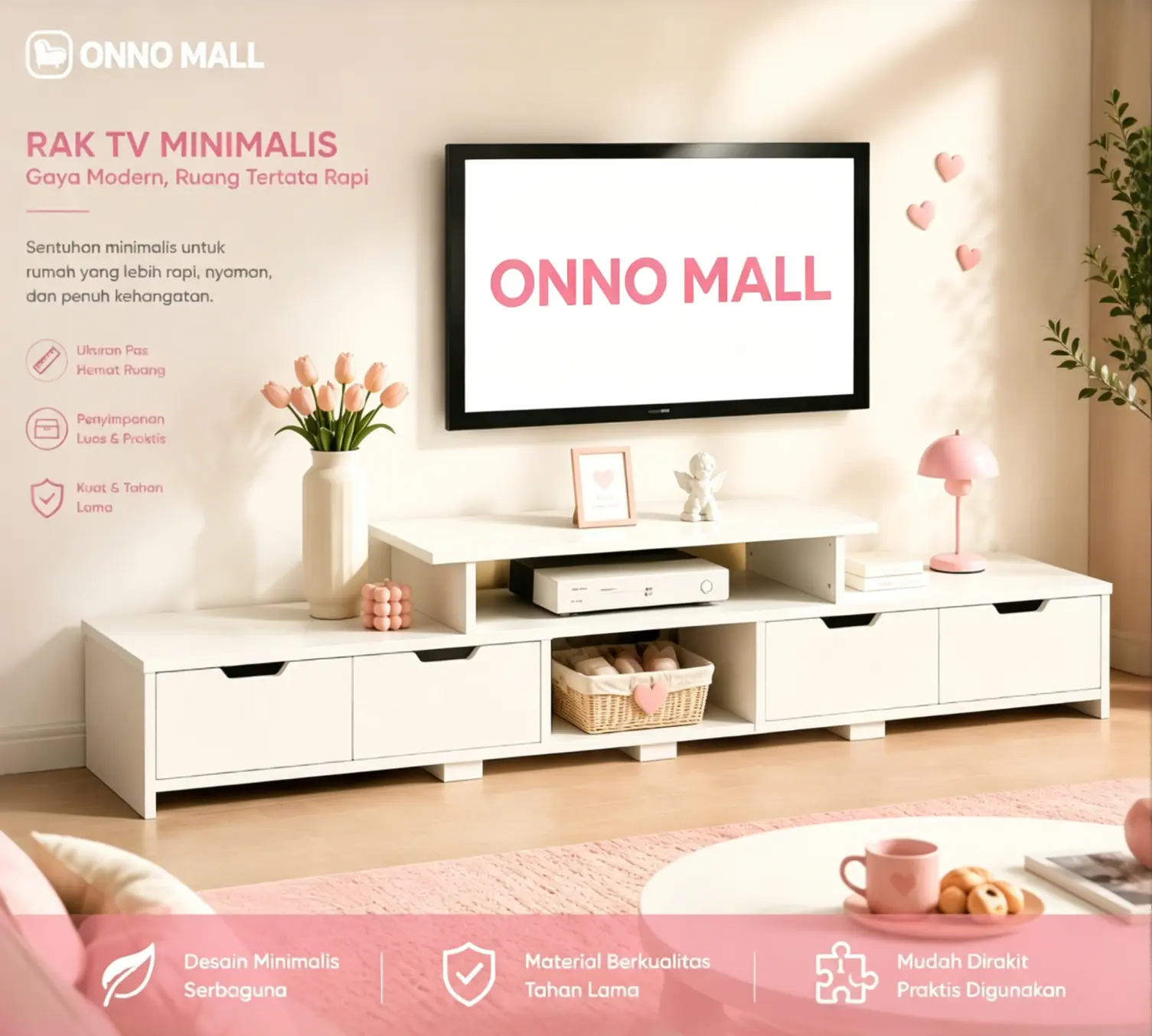 ONNO MALL-1 Meja TV Minimalis Modern Aesthetic Rak TV Lemari TV Buffet TV Kombinasi Untuk Ruang Tamu Keluarga Desain Multifungsi dengan Laci Penyimpanan Bahan Kayu Kokoh Warna Natural Mudah Dipasang
