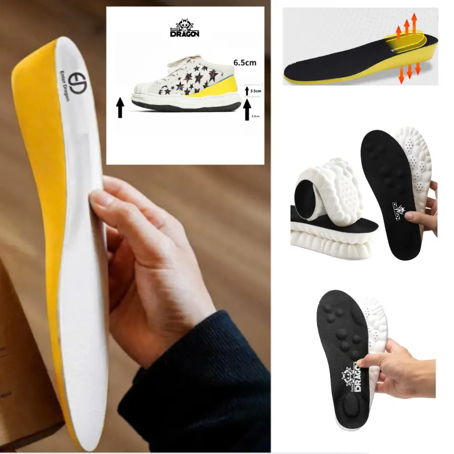 Cặp lót giày Enter Dragon chính hãng tăng chiều cao 11 điểm chạm - Cao su non chuẩn 4D - Công nghệ mới - Chống hôi chân - Hấp thụ lực - Êm ái , Thoáng khí - Chơi thể thao, chạy bộ , tập gym - Miếng tấm lót giày cao su non
