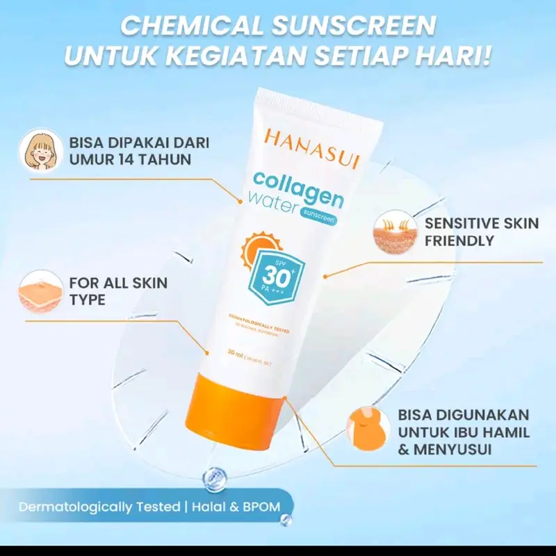 Hanasui Collagen water sunscreen - SPF 30 - SPF 50 - Ringan dan menenangkan Kulit No Whitecast Wajah Tidak Kusam Berminyak 4