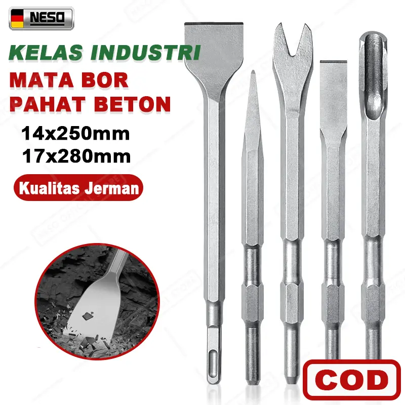 NESO Mata Bor Pahat Beton SDS (COD) Set Pahat Plus Flat Chisel Bobok Beton Tembok 14 x 250 mm 17 x 280 mm NT