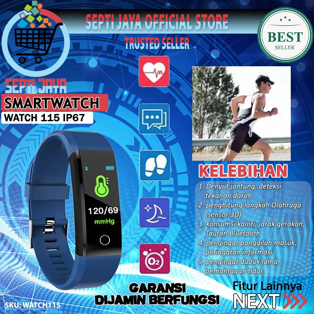 Smartband Jam Tangan Gelang Pintar Smartwatch Bluetooth ID115 Waterproof IP67 Biru Smart Band Fitnes Tracker Bracelet Alat Pengukur Jejak Langkah Pelacak Kebugaran Monitor Detak Denyut Jantung Jam Tangan Olah Raga Sport 115 Gelang Keren Pintar Multifungsi