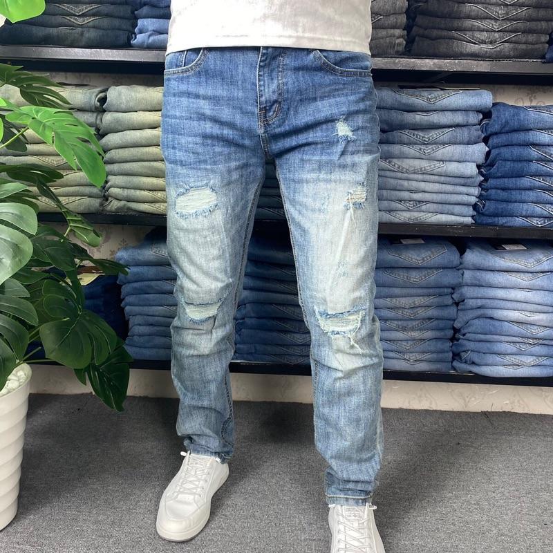 [Mã:3323] Quần Jean Nam Màu Xanh Wash Thời Trang Mài Rách Form Ôm Co Giãn