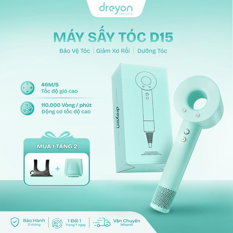 [HỘP MỚI] D15 - Máy Sấy Tóc DREYON, 110000rpm, Sấy nhanh giảm hư tổn, kèm đầu tạo kiểu