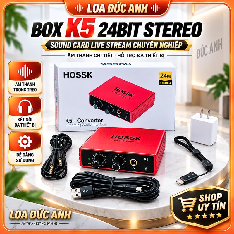 Box K5 HOSSK 24 Bit Stereo, Phụ Kiện Chuyên Thu Âm, Livestream Chất Lượng Cao Dùng Cho ANDROI Và IOS Tặng Kèm Jack 6ly