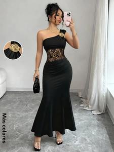 Vestido de verano negro para mujer con encaje en patchwork, diseño de escote asimétrico, elegante vestido de noche o body de un solo hombro, adecuado para bodas y fiestas, atuendo formal para invitados