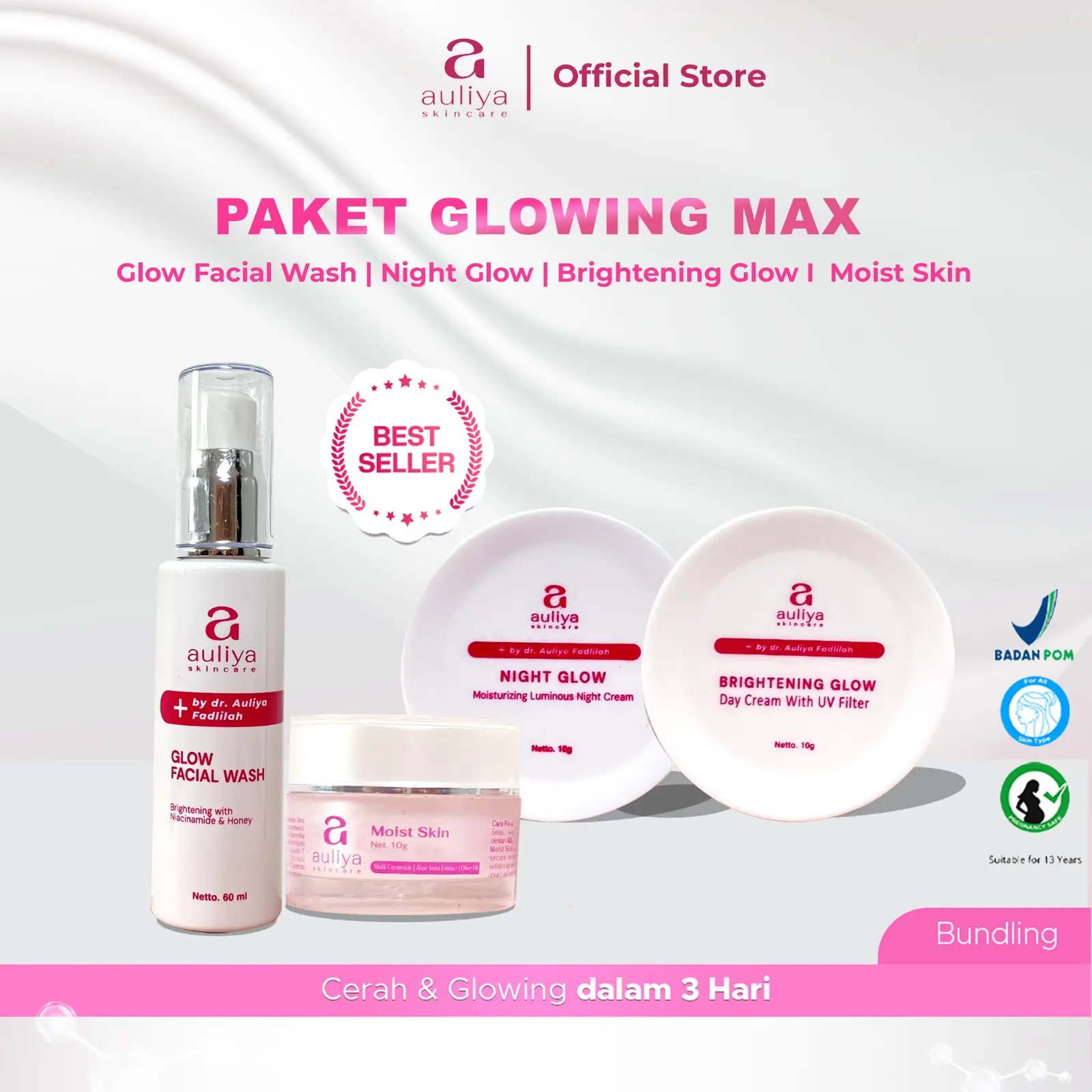 Auliya Skincare Paket Glowing Max - Glow Facial Wash Night Glow Brightening Glow Moist Skin Perawatan Wajah Wanita Pria Untuk Kulit Menjadi Lebih Cerah Sehat Perlindungan Maksimal Melembabkan Menghaluskan Serta Atasi Kulit Kusam dan Noda Hitam.