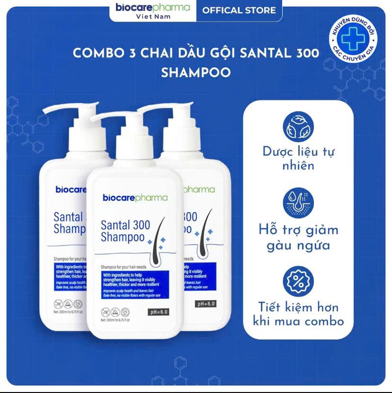 BiocarePharma COMBO 3 CHAI DẦU GỘI SANTAL 300 SHAMPOO 200ml Giảm Gàu Nấm Ngứa Da Đầu Dưỡng Tóc Suôn Mượt Chắc Khoẻ Dược Liệu Tự Nhiên Hỗ Trợ Giảm Gàu Ngứa