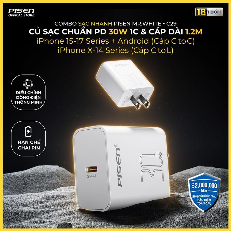 [PISEN] Bộ Sạc Nhanh Mr.White 30W Chuẩn PD, Sạc Nhanh Gấp 3 Lần, Hạn Chế Nóng Máy, Dây Sạc Type-C hoặc Lightning | Tương Thích iPhone & Android | Pisen Quick USB-C 30W Fast Wall | TP-C29 | Bảo Hành 12 Tháng (PCARE + 6 Tháng) | Bảo Hiểm 2 Triệu Đô