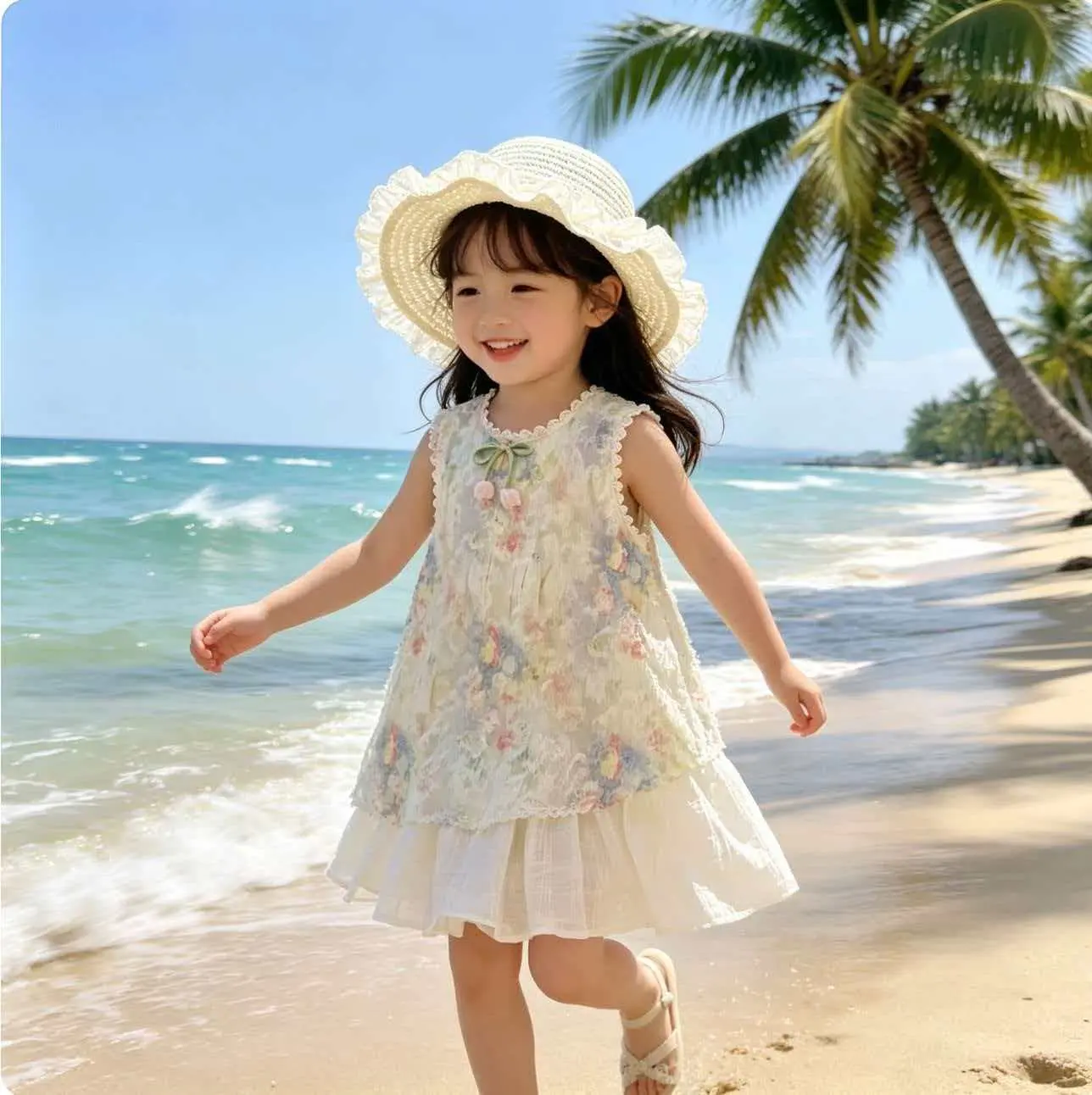 Pippikids [A071] Váy liền bé gái hoa văn không tay phong cách công chúa mùa hè