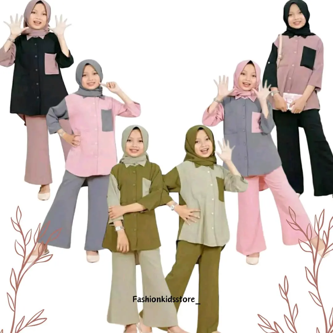 Baju Setelan Anak Perempuan Usia 3tahun-15tahun 3in1/Setelan Muslim Anak Perempuan/Baju Anak Crinckle Airflow/Baju Setelan Kerudung Atasan Panjang Crinkle Celana Tunik