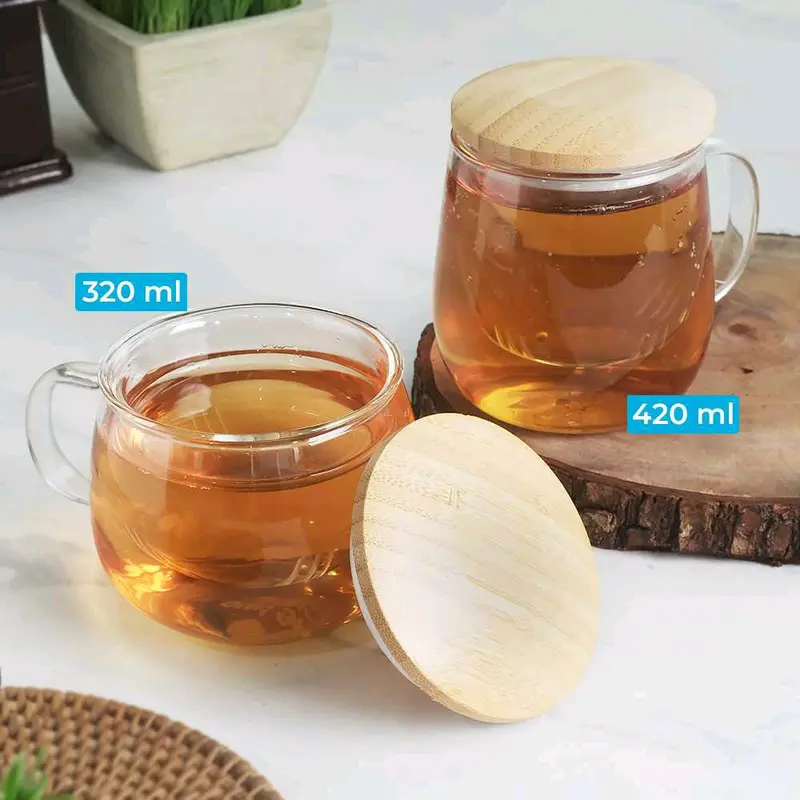 Gelas Cangkir Teh Tea Cup Aesthetic Mug with Infuser Filter Saringan Kaca Tutup Kayu 420ml 4