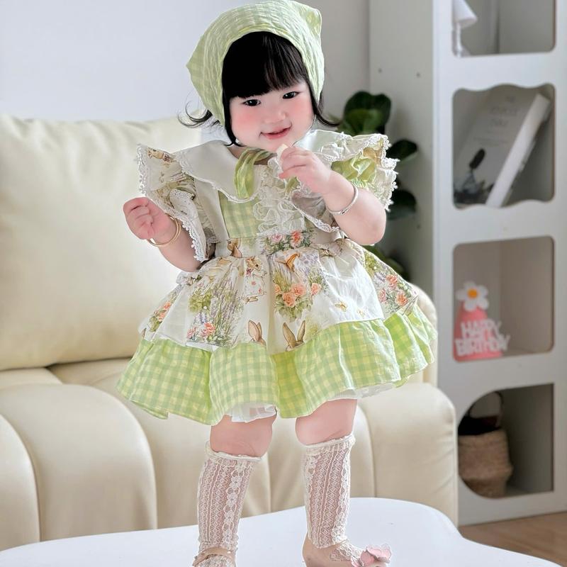 Váy Lolita Thỏ Trắng Caro Xanh Lá Chất Thô Cotton Kèm Khăn 5-15Kg,Váy Cho Bé Gái Sinh Nhật Dự Tiệc Bé Cưng Store