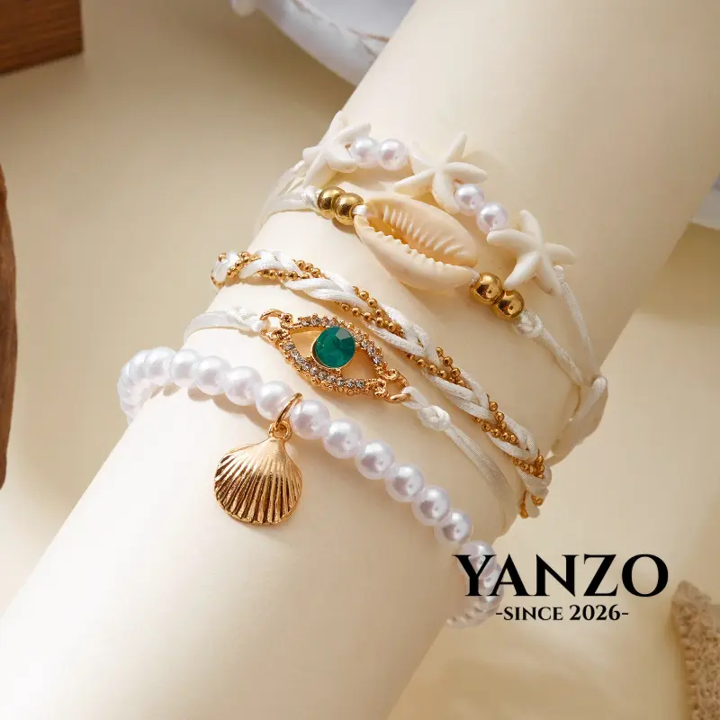 [Yanzo] Gelang Tangan Anyaman Logam Motif Kerang Bintang Laut Mutiara Liburan Pantai A508