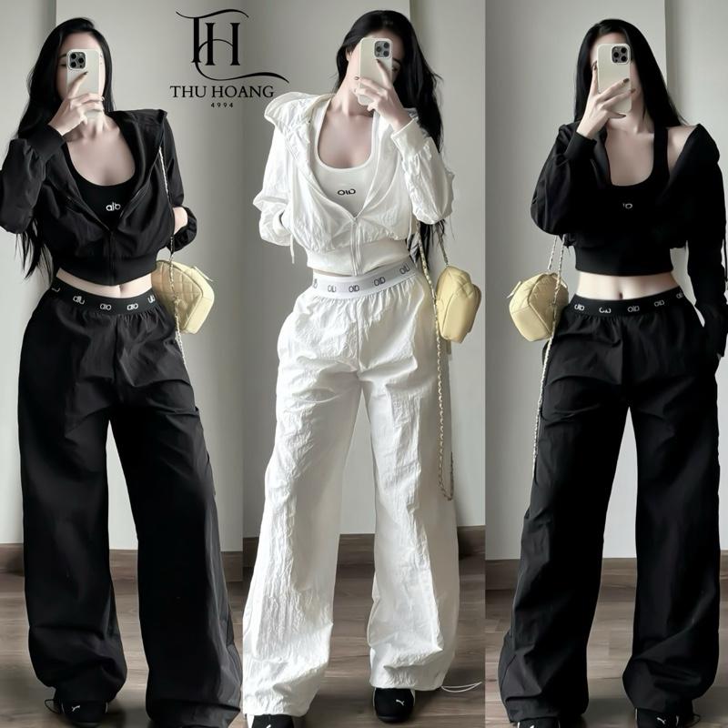 THUHOANG4994 Sét bộ gió crtop phối cạp chun Áo ba lỗ thun thêu chữ quần xuông thời trang nữ Đen Trắng cho phong cách năng động