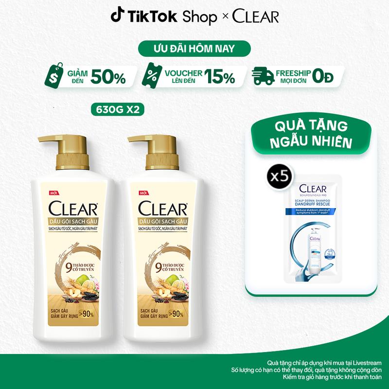 Combo 2 Dầu Gội CLEAR 9 Thảo Dược Cổ Truyền Hỗ Trợ Sạch Gàu Giảm Gãy Rụng 630G x2