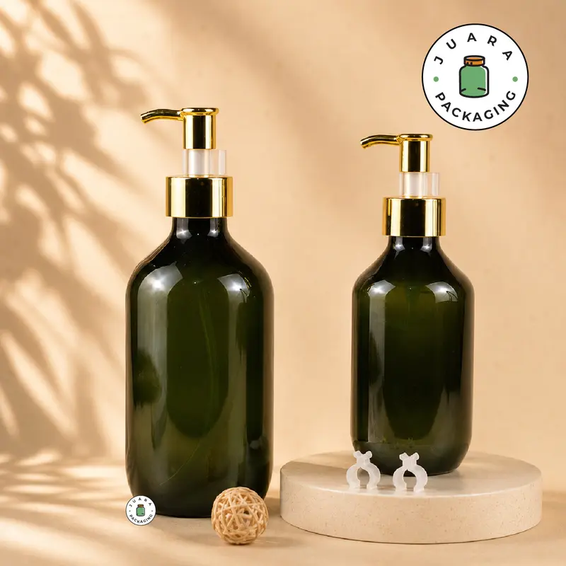 Botol Plastik Hijau Pump Gold 500ml 300ml – Wadah Sabun Cair Lotion Shampoo Skincare Minyak Aromaterapi Refill Botol Kosmetik Isi Ulang Tebal Elegan dengan Tutup Pump Warna Emas Premium