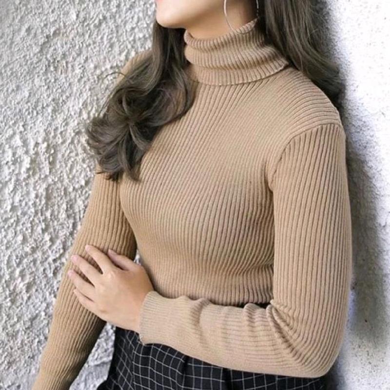 Baju Atasan Kaos Polos Wanita Lengan Panjang Turtelneck Bahan Rib Premium Kerah Tinggi ala Korean Style 1