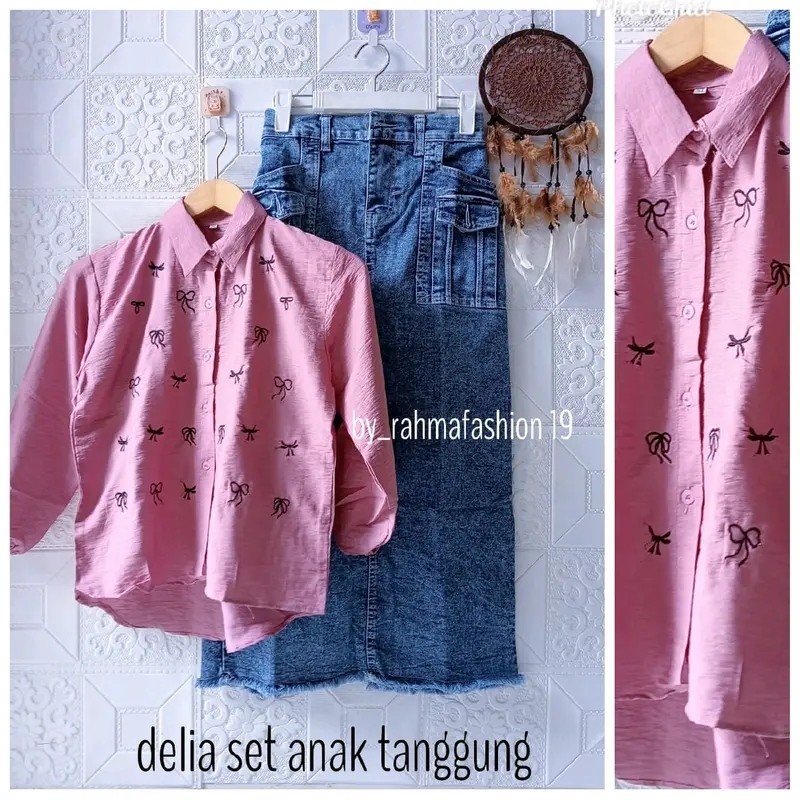 Setelan Kemeja Pita Kancing Fuul Dan Bawahan Rok Jeans Variasi Saku Depan Usia 8_11 Tahun 0