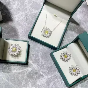 IS18Y Set cincin dan kalung anting daisy berlian kuning warna segar dan elegan yang trendi