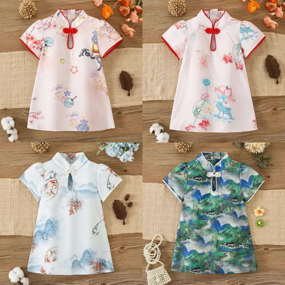 Summer Baby Girl Cheongsam NewYear Baby Wear Chinese Style Flower Printed Beautufl Baby Girl Dress