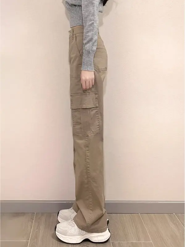 【Luck wanita】Cargo Jeans khaki Highwaist Loose Celana Jeans Wanita Korea style (realpict) 5