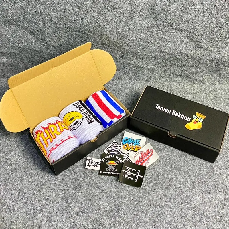 Kakindo - Kaos Kaki Pria Wanita (PAKET BUNDLING Isi 3) Motif Old School Tebal Free Box+stiker