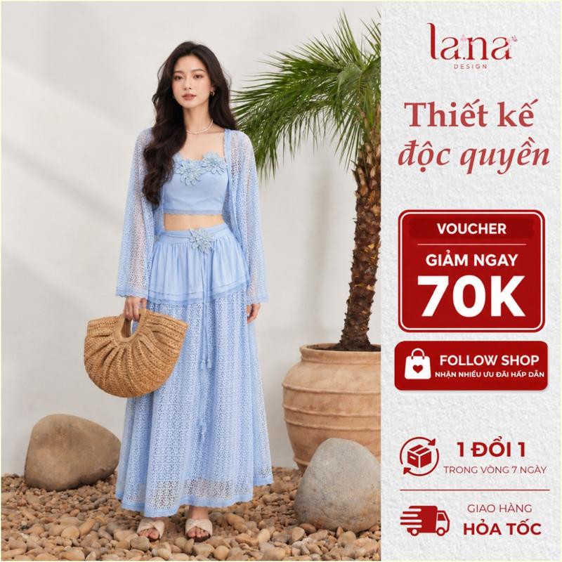 LANA DESIGN Set váy thiết kế đi biển combo 3 món Hải Miên thiết kế màu xanh chất liệu lưới cotton mềm - CB670