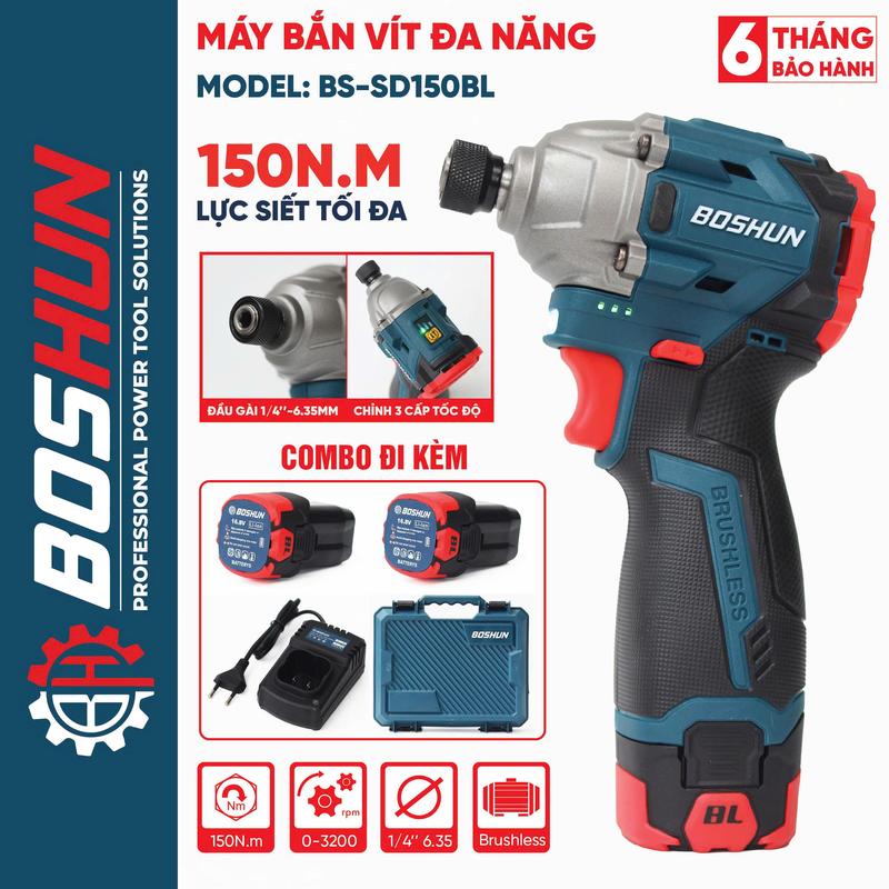 Máy Bắn Vít Boshun 150N.m - BS-SD150BL - 3 Tốc Độ - Động Cơ Từ - 2 Pin 16.8V 2Ah - Đầu 1 4 - Nhỏ Gọn Chuyên Dùng Làm Nhôm Kính Làm Mộc Nội Thất...