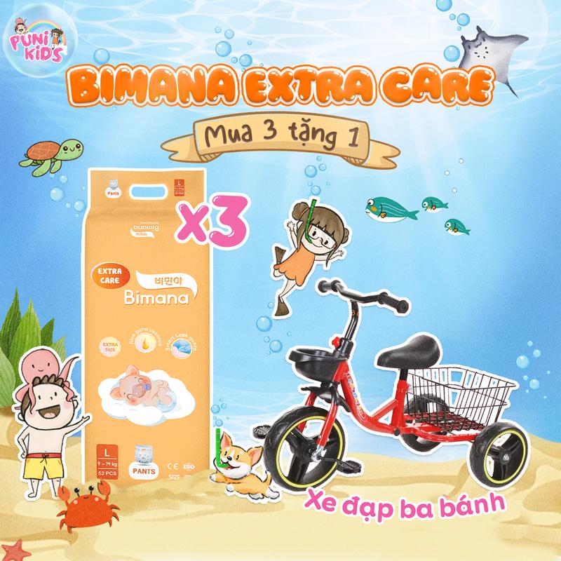 (3E) [TẶNG XE ĐẠP 3 BÁNH/ XE CHÒI Ô TÔ GẤU] Tã/Bỉm Ngày Đêm BIMANA EXTRA CARE chất lượng, mềm mại, an toàn, thấm hút tốt size NB/S/M/L/XL/XXL/XXXL cho bé