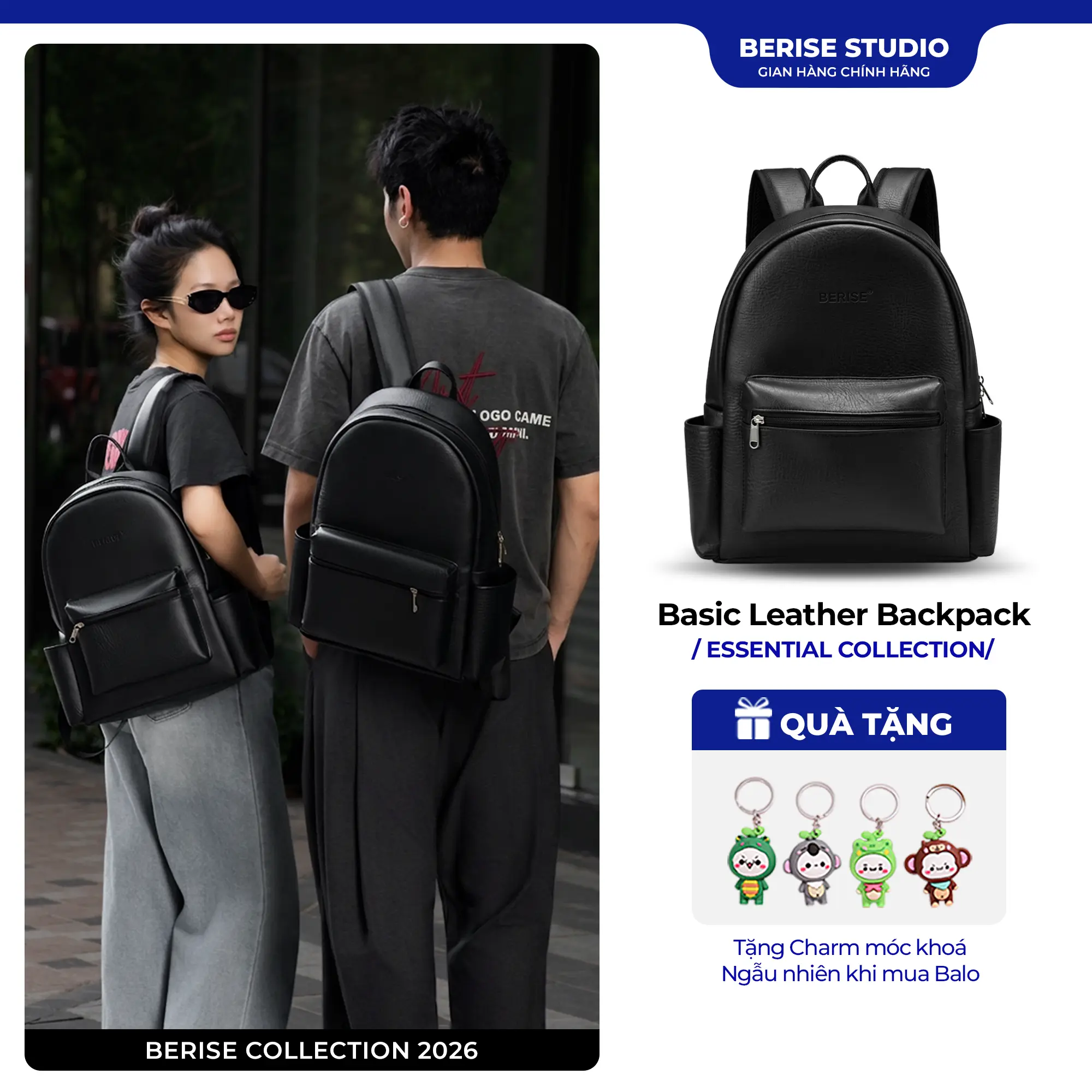 Balo Da Berise Basic Leather, Unisex nam nữ, đựng laptop 15,6inch, chống nước phù hợp đi học đi làm