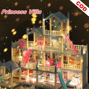 Mainan Princess Villa Castle Besar 66cm Rumah Rumahan Anak Perempuan DIY Princess Kastil Dengan Lampu Hadiah LED