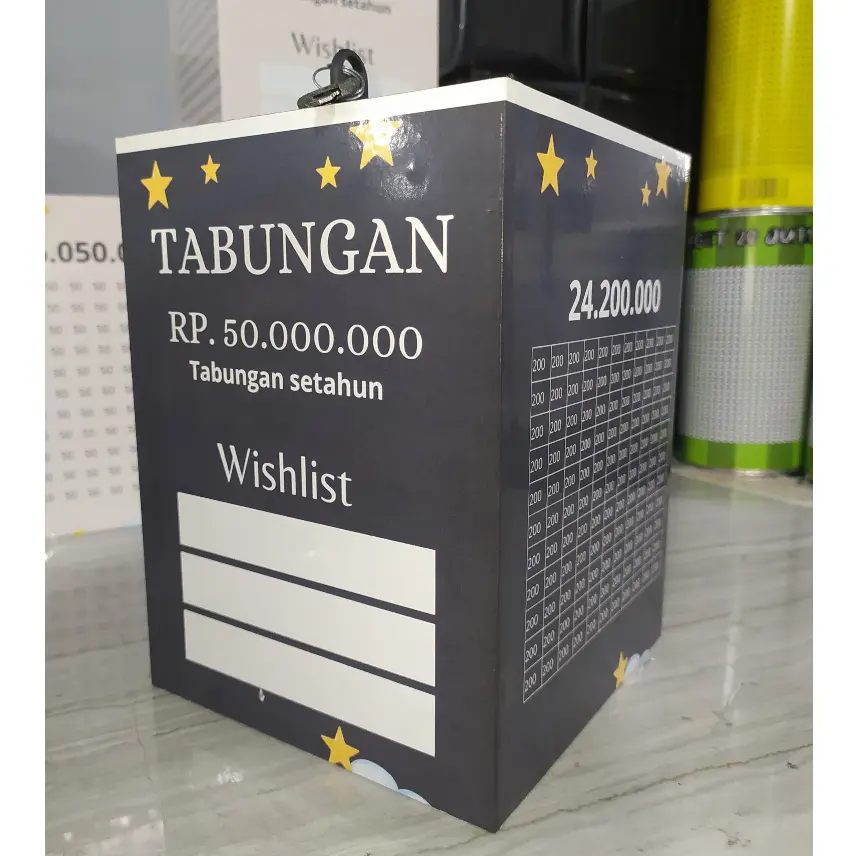 Celengan Viral Target Jumbo Besar + Kunci Celengan Target 30Juta 50Juta 100Juta Setahun Celengan kayu Anti Rayap Unik Kotak Amal 16x16x20 Cm Hitam