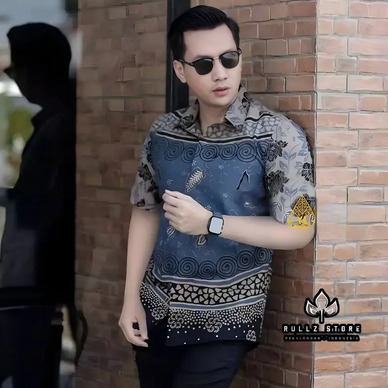 Kemeja Batik Pria Lengan Pendek - Bahan Katun Cowok Distro Dewasa Surfing Atasan Casual Panjang Motif Hitam - Kerja Kemeja batik Keren Hem Nyaman Baju Santai 3