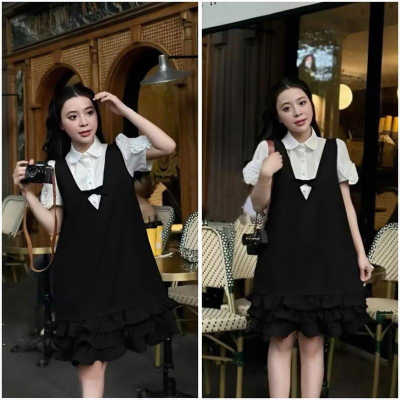 Váy Bầu Thiết Kế- Váy Bầu Công Sở Dáng BabyDoll Cổ Sơ Mi Thanh Lịch Tay Bồng Phối Hoa Váy Tầng Xòe Hàn Quốc Trẻ Trung Siêu Xinh
