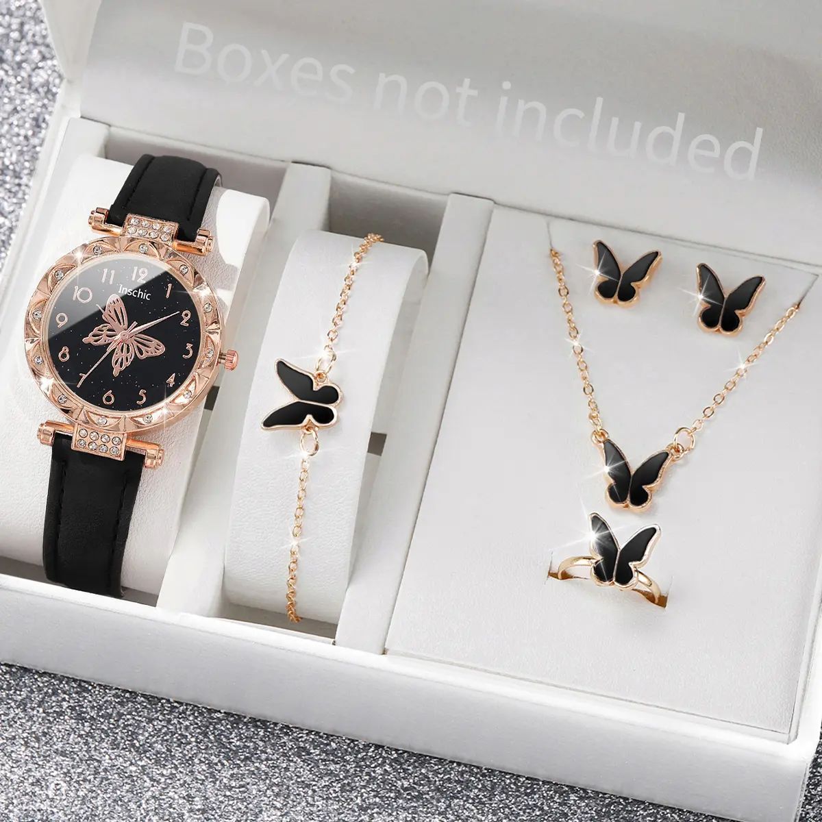 Set Barang Kemas Jam Tangan Wanita Rama-rama Berlian Buatan Fesyen, 5PCS / Set, Jam Tangan Jalur Kulit Wanita, Jam Wanita, Tanpa Kotak Watches Bead