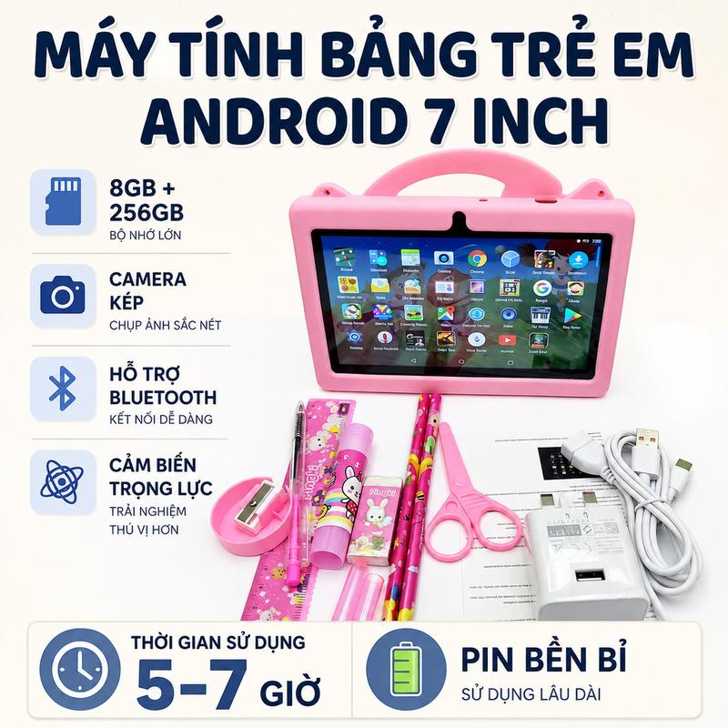 Tablet Trẻ Em 7 Inch Android WiFi Máy Tính Bảng Hình Mèo Máy Học Đa Năng Cho Bé…