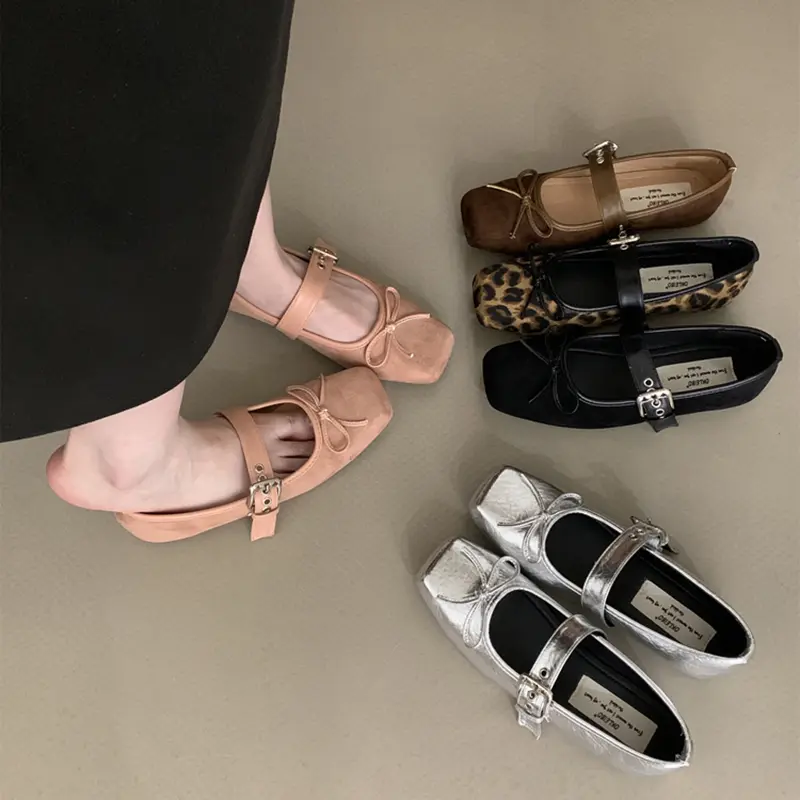 Women Fashion Flat shoes Retro Simple Outdoor Bow Square Head Casual Buckle Student Versatile Single Shoes