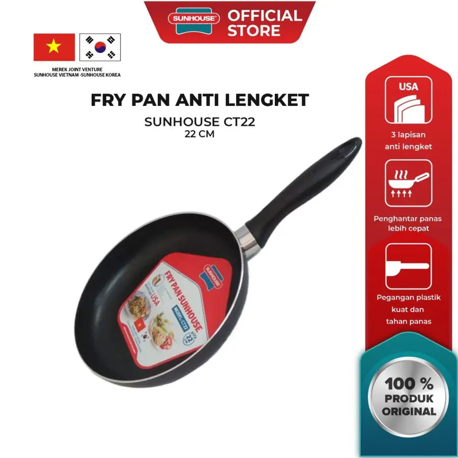 Sunhouse CT22 Frypan PenggorenganAnti Lengket Hitam 22 cm 1 Pcs Dapur Wajan Kitchenware Panci Aluminium Peralatan Stainless