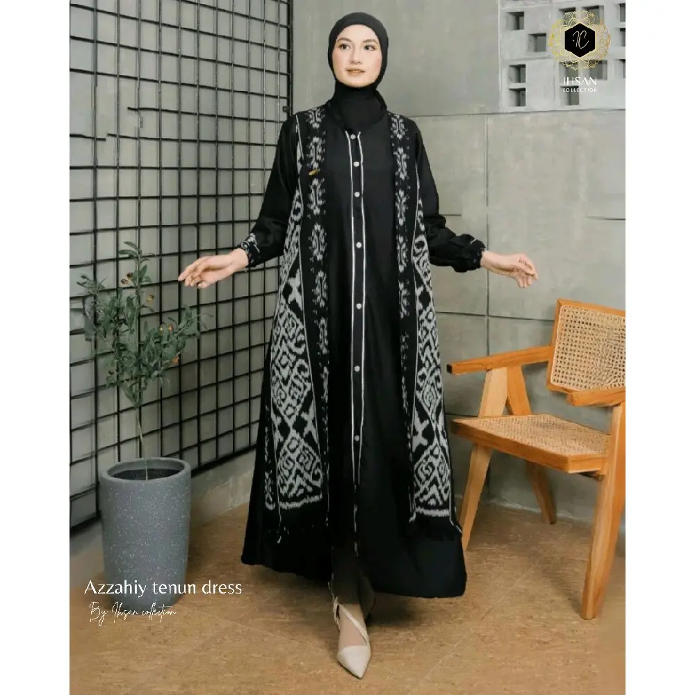 Ihsan Collection Azzahiy Dress Muslim Wanita kekinian (Gamis Tenun Pesta Hitam Panjang) - Gamis, Tenun, Casual, Dewasa Lebaran Elegant raya