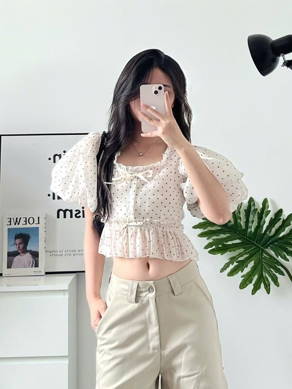   A05-Xả Kho  Áo babydoll tay phồng Migcool layer bèo cổ vuông dáng rộng 